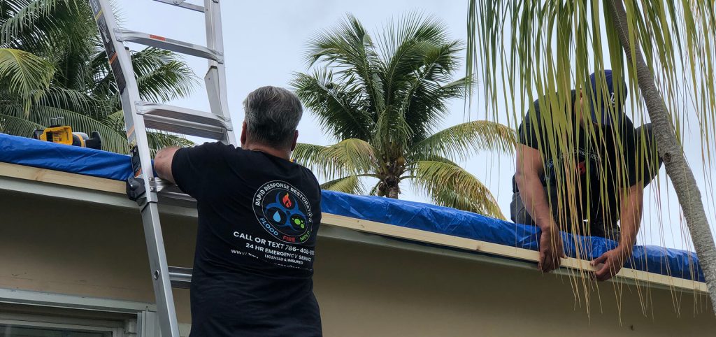 Emergency roof restoration professionals repairing a roof with a ladder and protective tarp